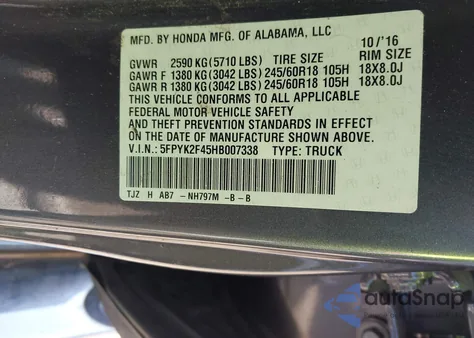 2017 Honda Ridgeline Rts z USA, uszkodzony, nr VIN 5FPYK2F45HB007338